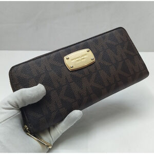 Michael Kors Brown Leather MK Printed Zip Around Credit Card Wallet